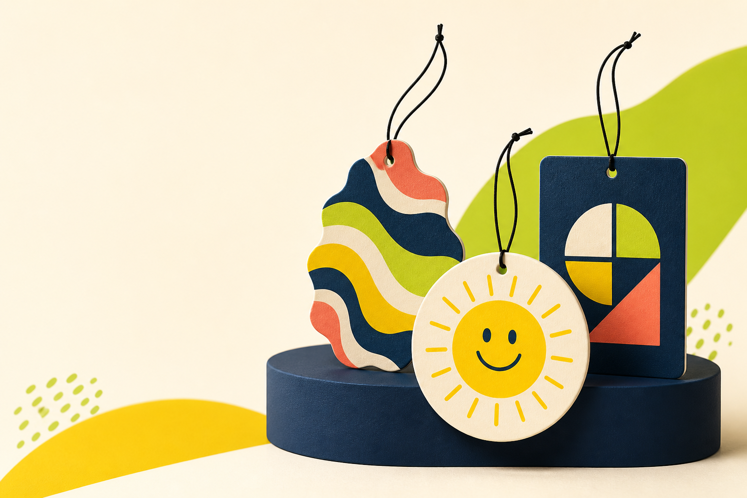 Development concept showing three graphic air freshener shapes